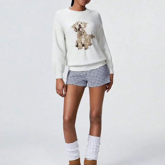 White Casual Women's Round Neck Dog Graphic Pullover Sweater - Picture 1 of 6